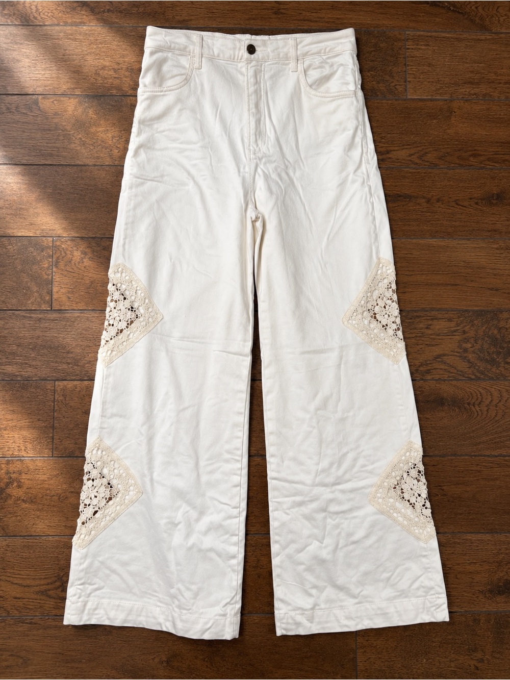 Women's Ivory Wide-Leg Crochet Inset Pants Sz 8 NWOT